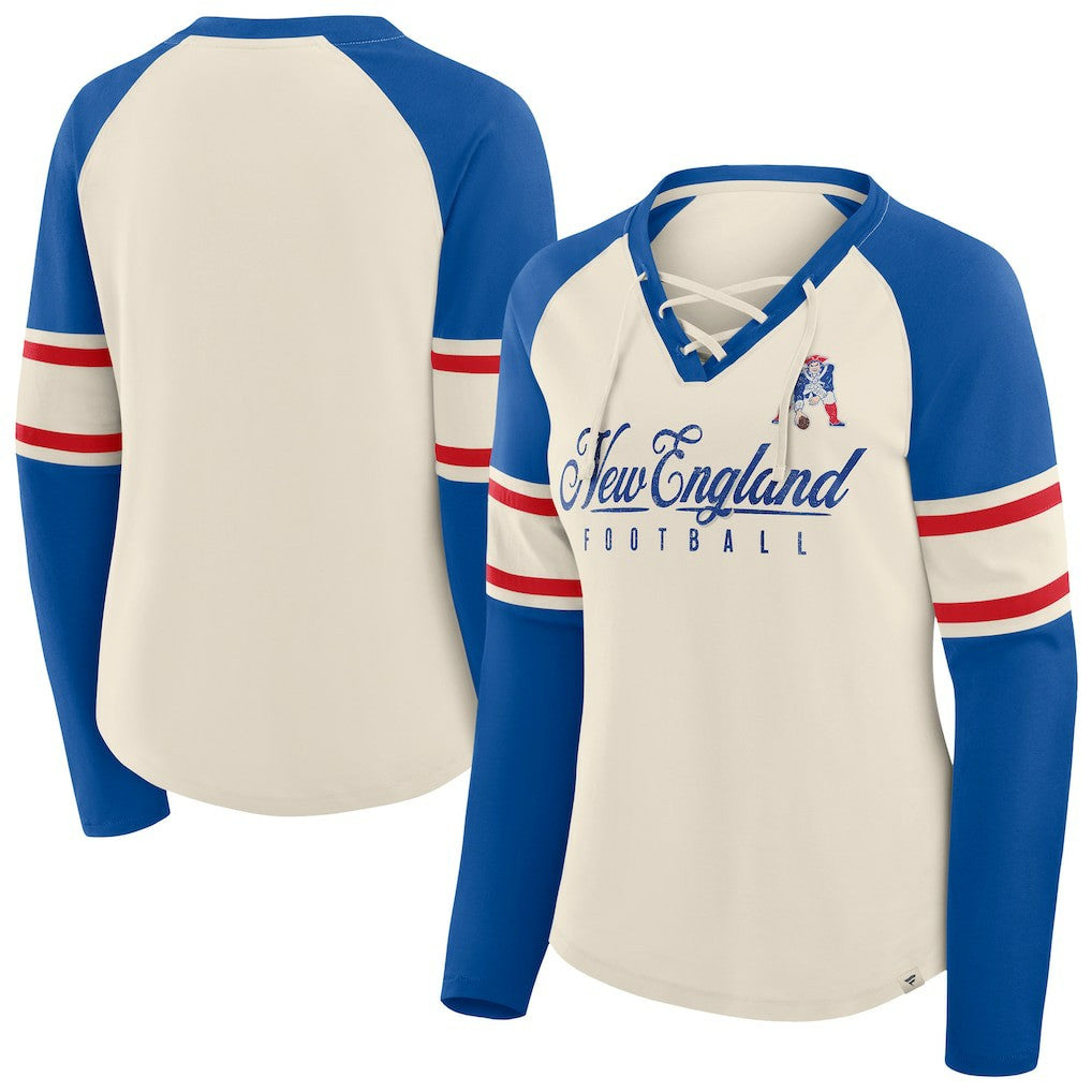 New England Patriots Women's Hometown Gridiron Hero Raglan Lace-Up V-Neck Long Sleeve T-Shirt - Cream/Royal for sale
