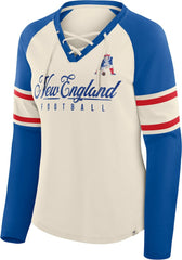 New England Patriots Women's Hometown Gridiron Hero Raglan Lace-Up V-Neck Long Sleeve T-Shirt - Cream/Royal for sale