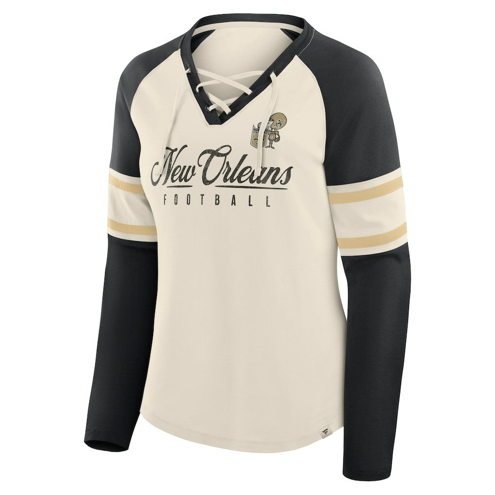New Orleans Saints Women's Hometown Gridiron Hero Raglan Lace-Up V-Neck Long Sleeve T-Shirt - Cream/Black for sale