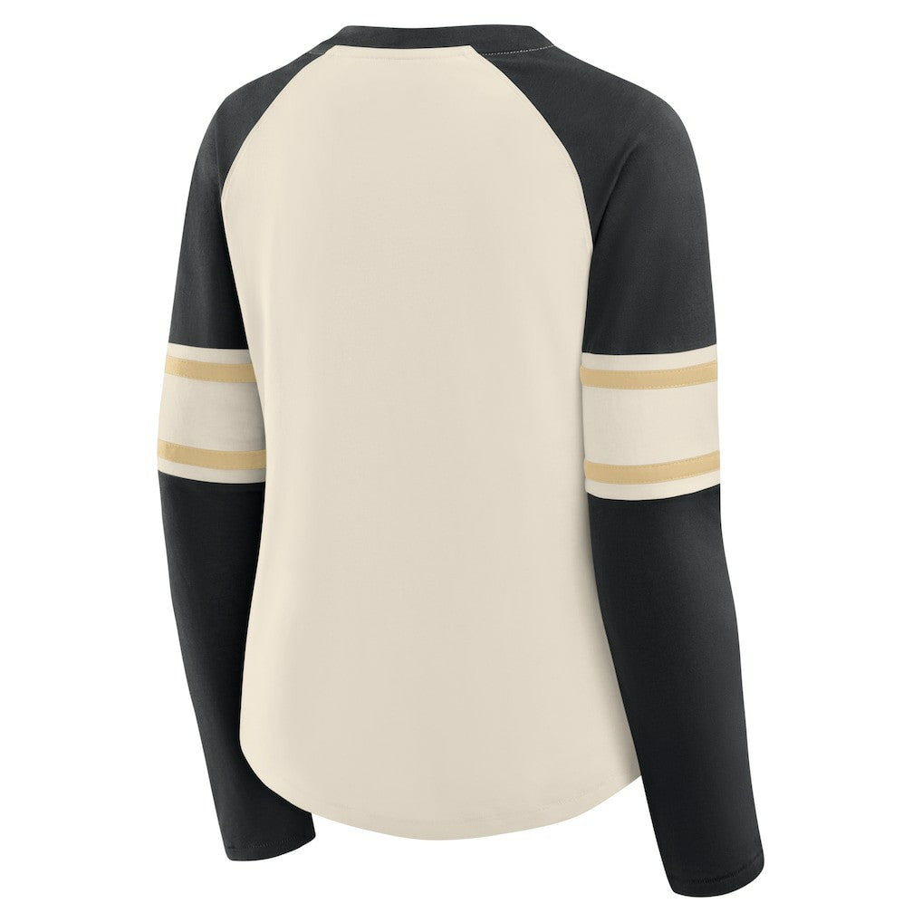 New Orleans Saints Women's Hometown Gridiron Hero Raglan Lace-Up V-Neck Long Sleeve T-Shirt - Cream/Black for sale