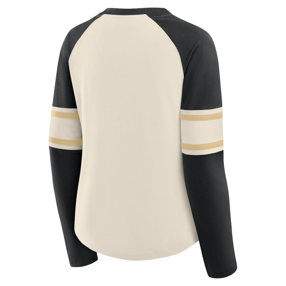 New Orleans Saints Women's Hometown Gridiron Hero Raglan Lace-Up V-Neck Long Sleeve T-Shirt - Cream/Black for sale