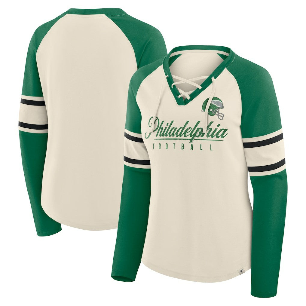 Philadelphia Eagles Women's Hometown Gridiron Hero Raglan Lace-Up V-Neck Long Sleeve T-Shirt - Cream/Kelly Green discount