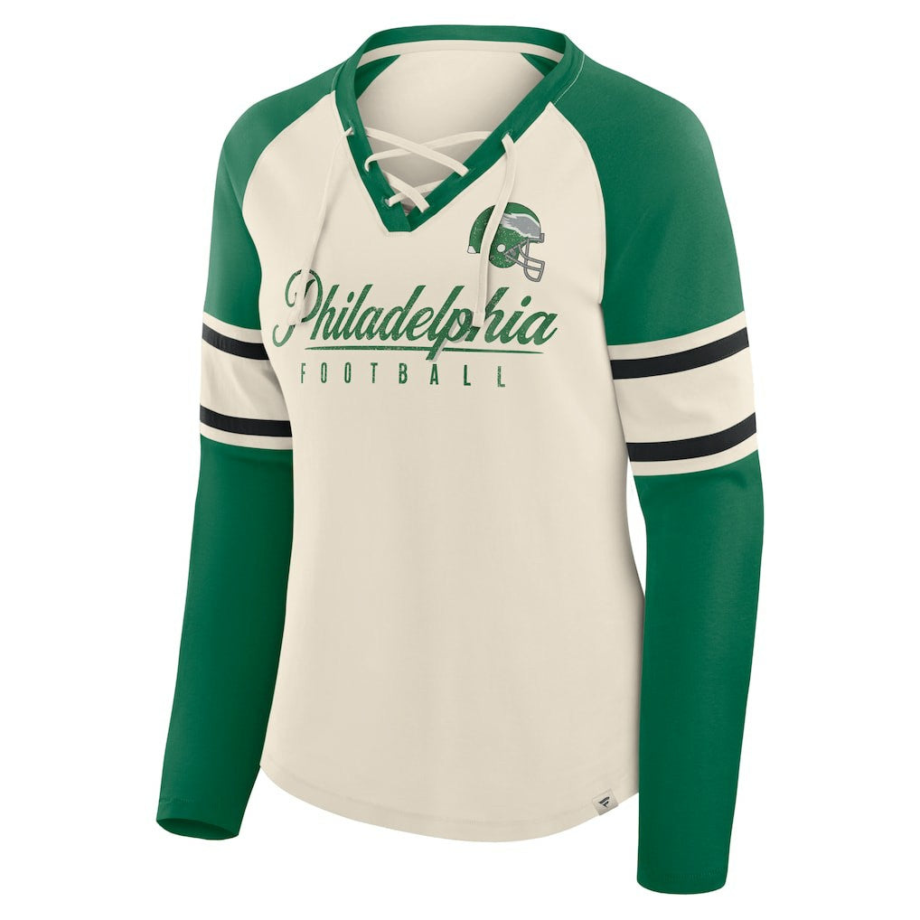 Philadelphia Eagles Women's Hometown Gridiron Hero Raglan Lace-Up V-Neck Long Sleeve T-Shirt - Cream/Kelly Green discount