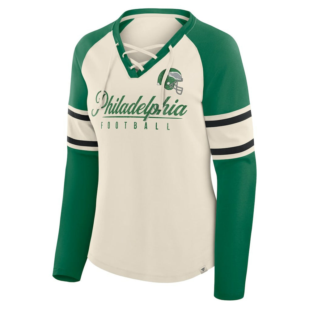 Philadelphia Eagles Women's Hometown Gridiron Hero Raglan Lace-Up V-Neck Long Sleeve T-Shirt - Cream/Kelly Green discount