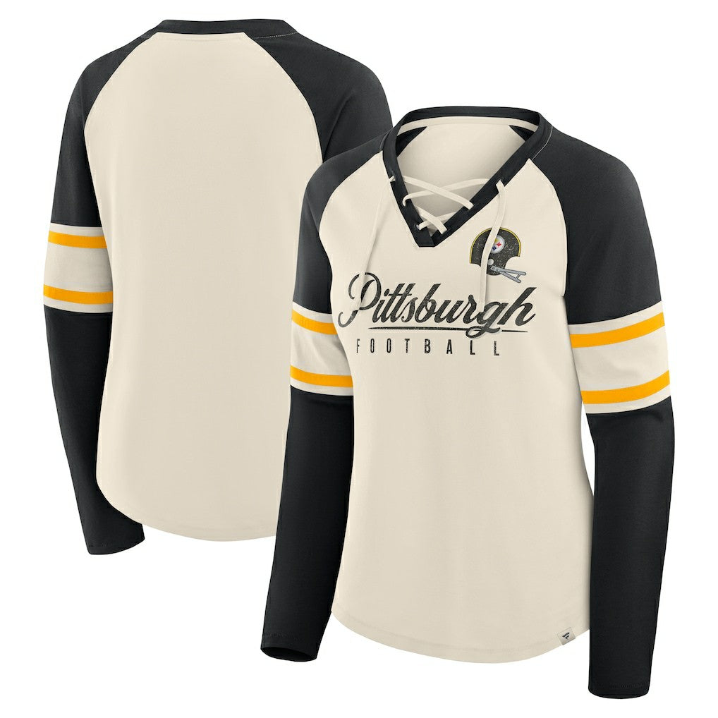 Pittsburgh Steelers Women's Hometown Gridiron Hero Raglan Lace-Up V-Neck Long Sleeve T-Shirt - Cream/Black cheap