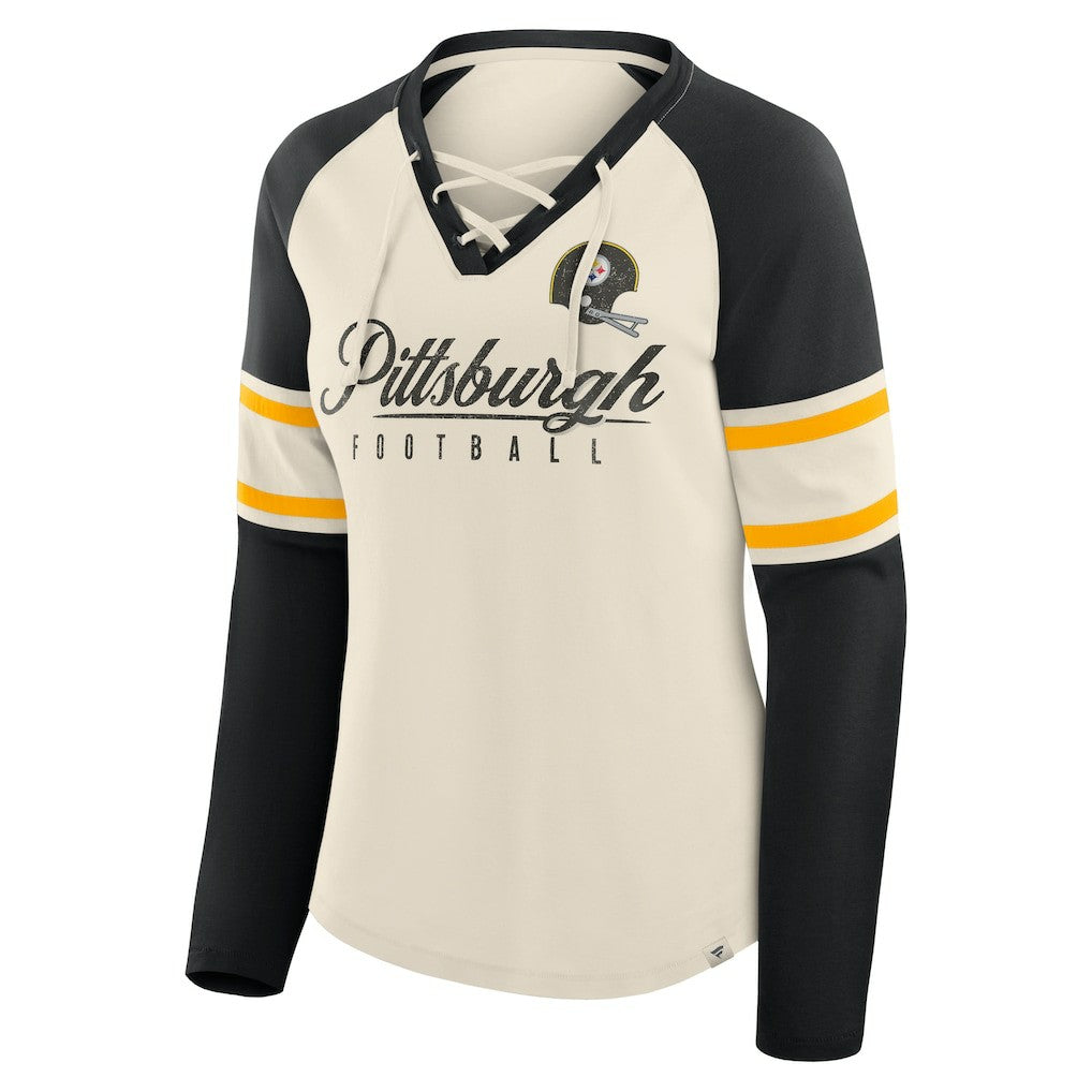 Pittsburgh Steelers Women's Hometown Gridiron Hero Raglan Lace-Up V-Neck Long Sleeve T-Shirt - Cream/Black cheap