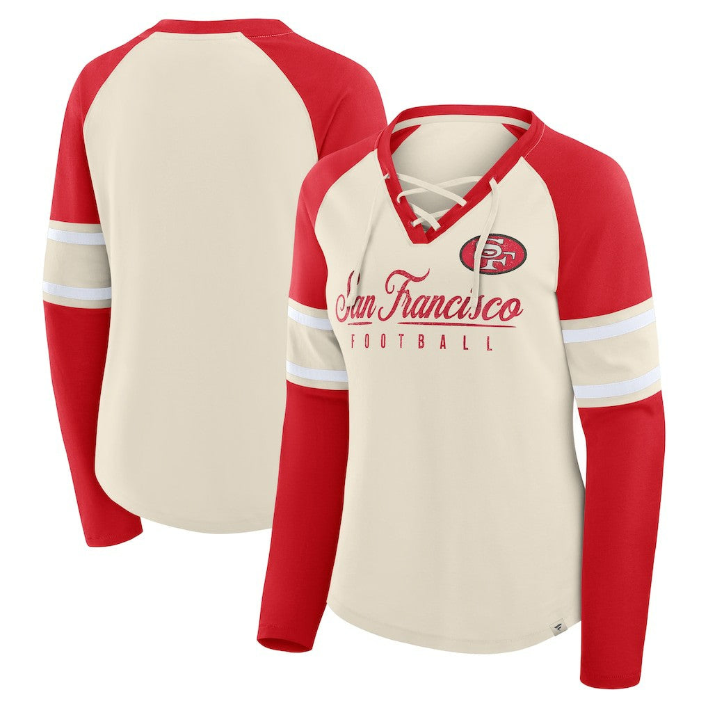San Francisco 49ers Women's Hometown Gridiron Hero Raglan Lace-Up V-Neck Long Sleeve T-Shirt - Cream/Scarlet cheap