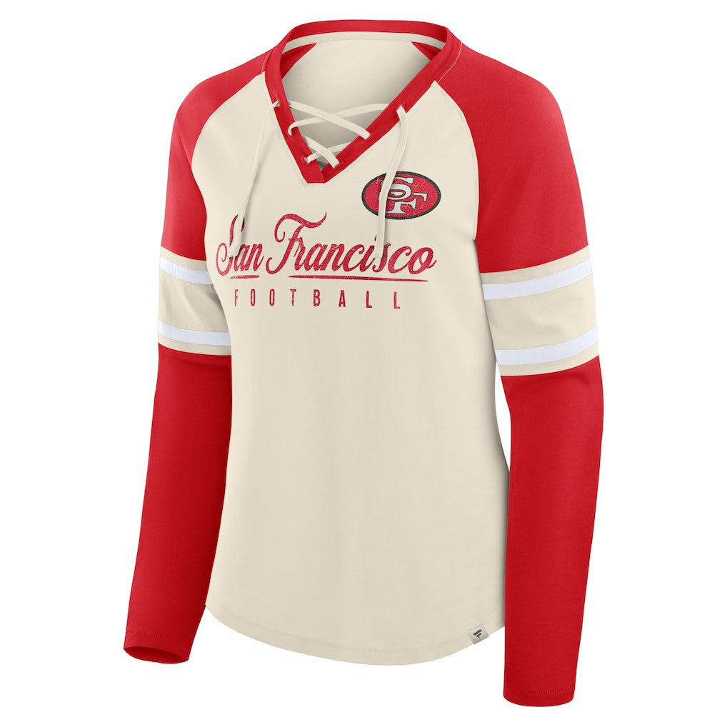 San Francisco 49ers Women's Hometown Gridiron Hero Raglan Lace-Up V-Neck Long Sleeve T-Shirt - Cream/Scarlet cheap