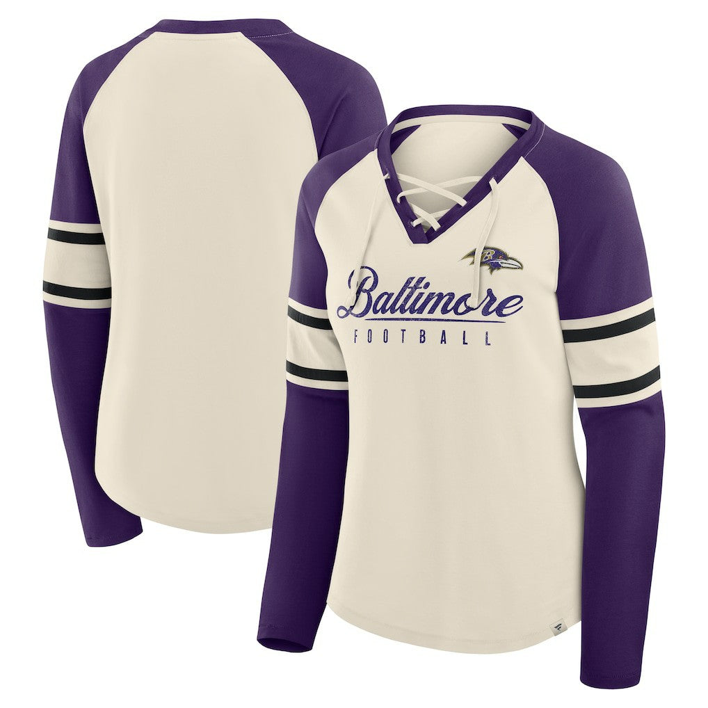 Baltimore Ravens Women's Hometown Gridiron Hero Raglan Lace-Up V-Neck Long Sleeve T-Shirt - Cream/Purple for sale