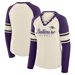Baltimore Ravens Women's Hometown Gridiron Hero Raglan Lace-Up V-Neck Long Sleeve T-Shirt - Cream/Purple for sale
