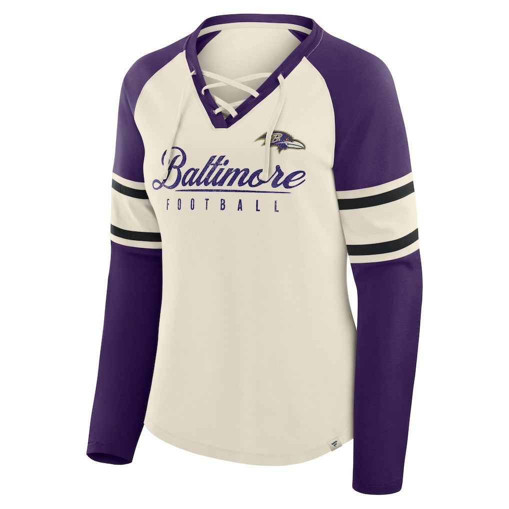 Baltimore Ravens Women's Hometown Gridiron Hero Raglan Lace-Up V-Neck Long Sleeve T-Shirt - Cream/Purple for sale