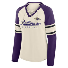 Baltimore Ravens Women's Hometown Gridiron Hero Raglan Lace-Up V-Neck Long Sleeve T-Shirt - Cream/Purple for sale