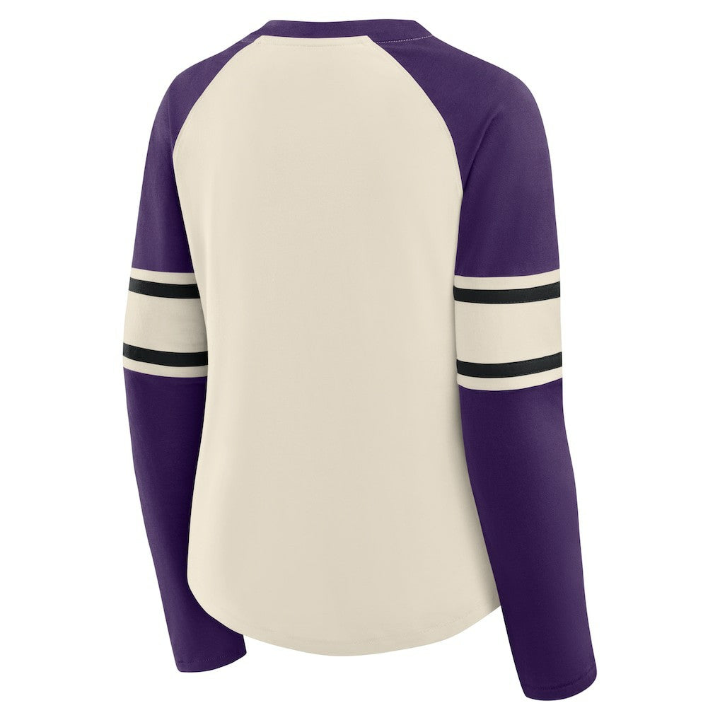 Baltimore Ravens Women's Hometown Gridiron Hero Raglan Lace-Up V-Neck Long Sleeve T-Shirt - Cream/Purple for sale