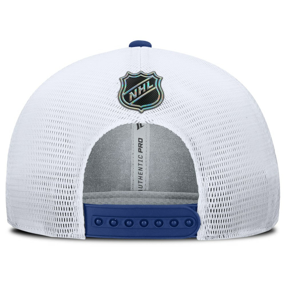 Vancouver Canucks Fanatics Authentic Pro Rink Lockup Adjustable Trucker Hat Blue/White
