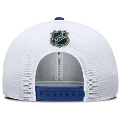 Vancouver Canucks Fanatics Authentic Pro Rink Lockup Adjustable Trucker Hat Blue/White