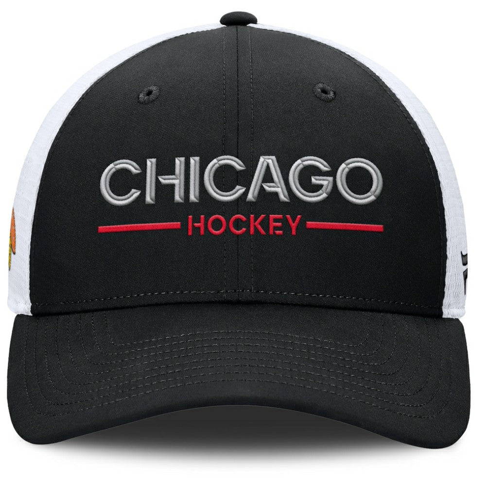 Chicago Blackhawks Fanatics Authentic Pro Rink Lockup Adjustable Trucker Hat Black/White