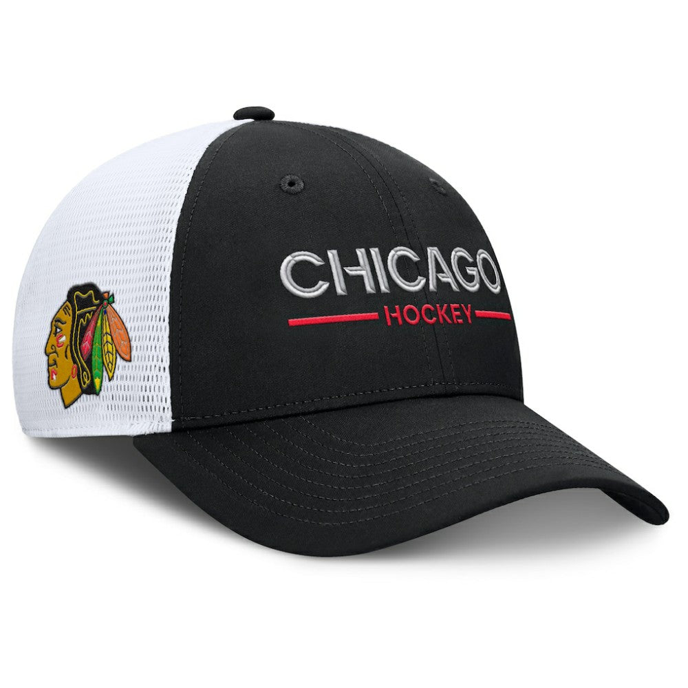 Chicago Blackhawks Fanatics Authentic Pro Rink Lockup Adjustable Trucker Hat Black/White