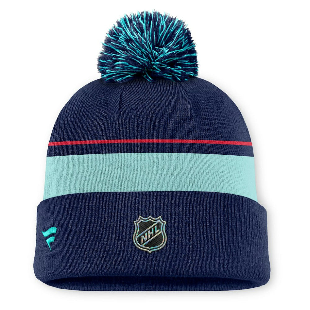 Seattle Kraken Fanatics Authentic Pro Rink Cuffed Knit Hat with Pom Deep Sea Blue