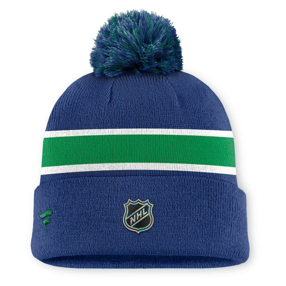 Vancouver Canucks Fanatics Authentic Pro Rink Cuffed Knit Hat with Pom Blue