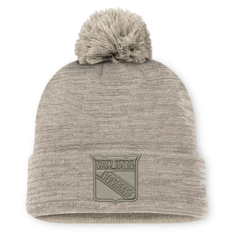 New York Rangers Fanatics Authentic Pro Road Cuffed Knit Hat with Pom Tan