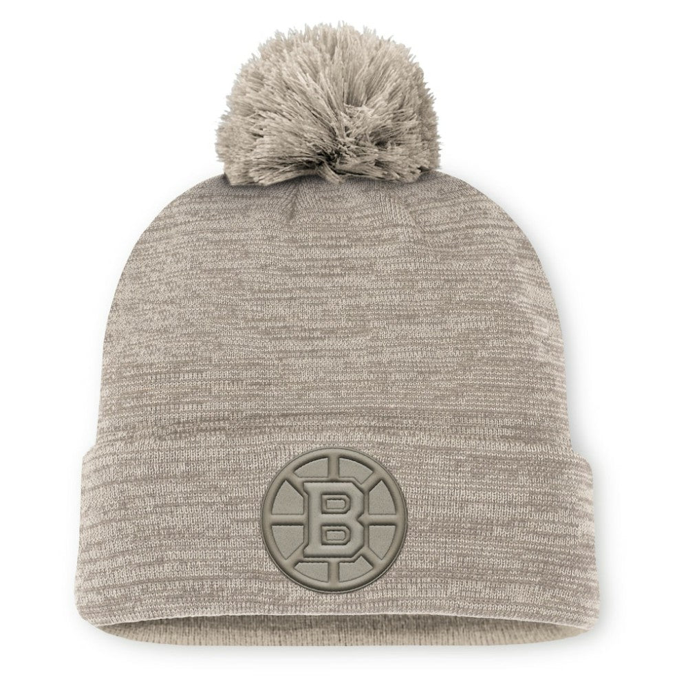 Boston Bruins Fanatics Authentic Pro Road Cuffed Knit Hat with Pom Tan