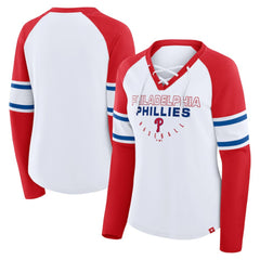 Philadelphia Phillies Women's Blitz Package Raglan Lace-Up V-Neck Long Sleeve T-Shirt - White/Red