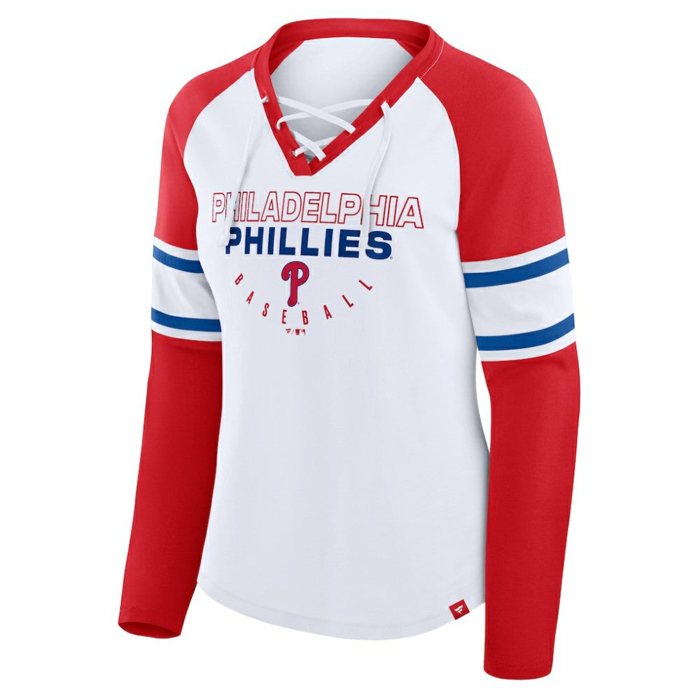 Philadelphia Phillies Women's Blitz Package Raglan Lace-Up V-Neck Long Sleeve T-Shirt - White/Red
