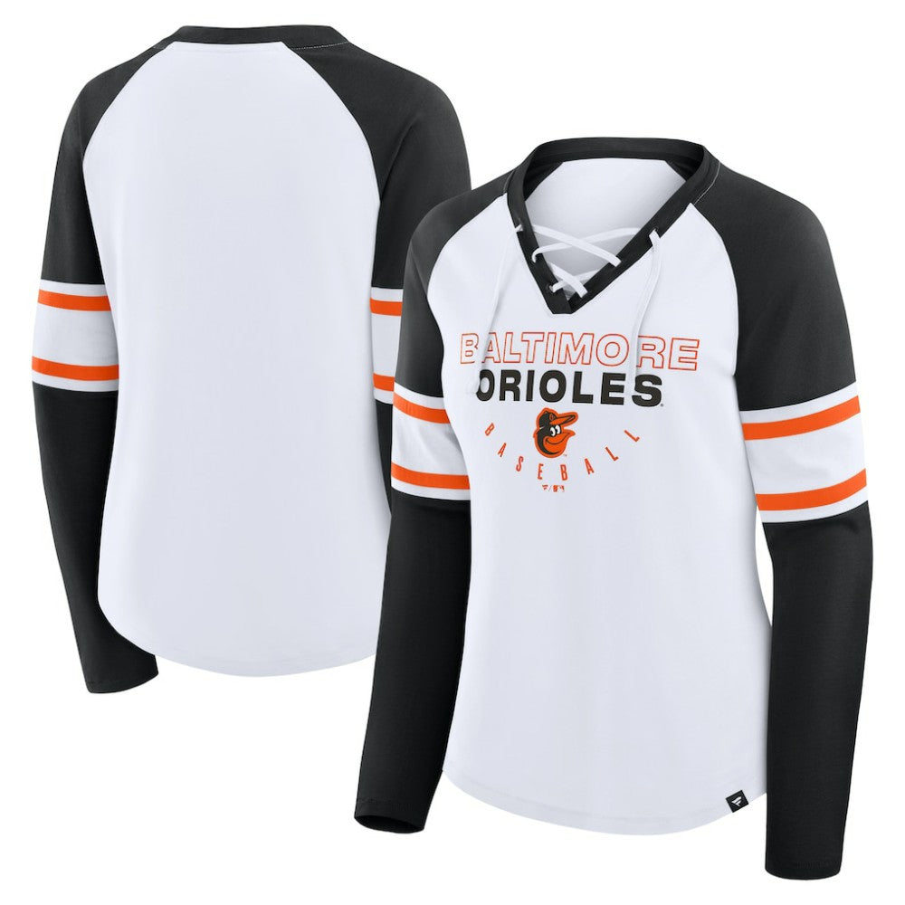 Baltimore Orioles Women's Blitz Package Raglan Lace-Up V-Neck Long Sleeve T-Shirt - White/Black