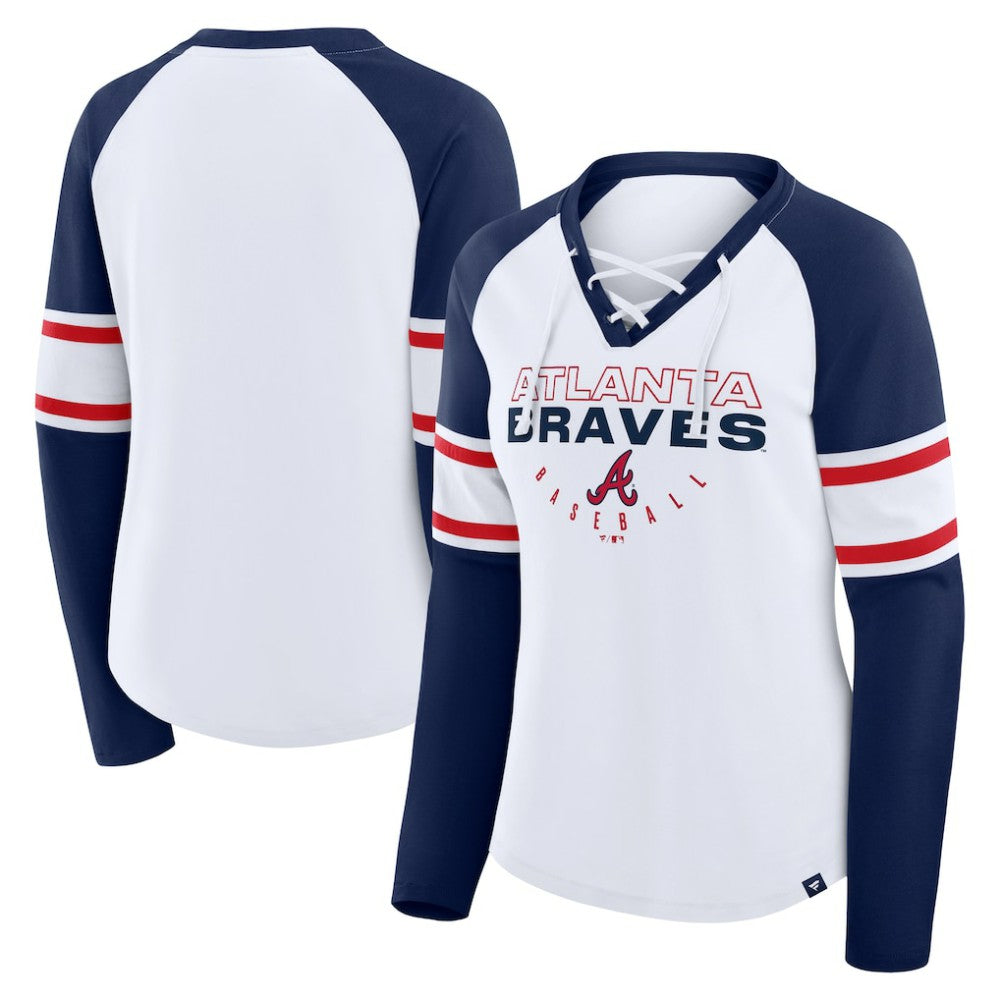 Atlanta Braves Women's Blitz Package Raglan Lace-Up V-Neck Long Sleeve T-Shirt - White/Navy
