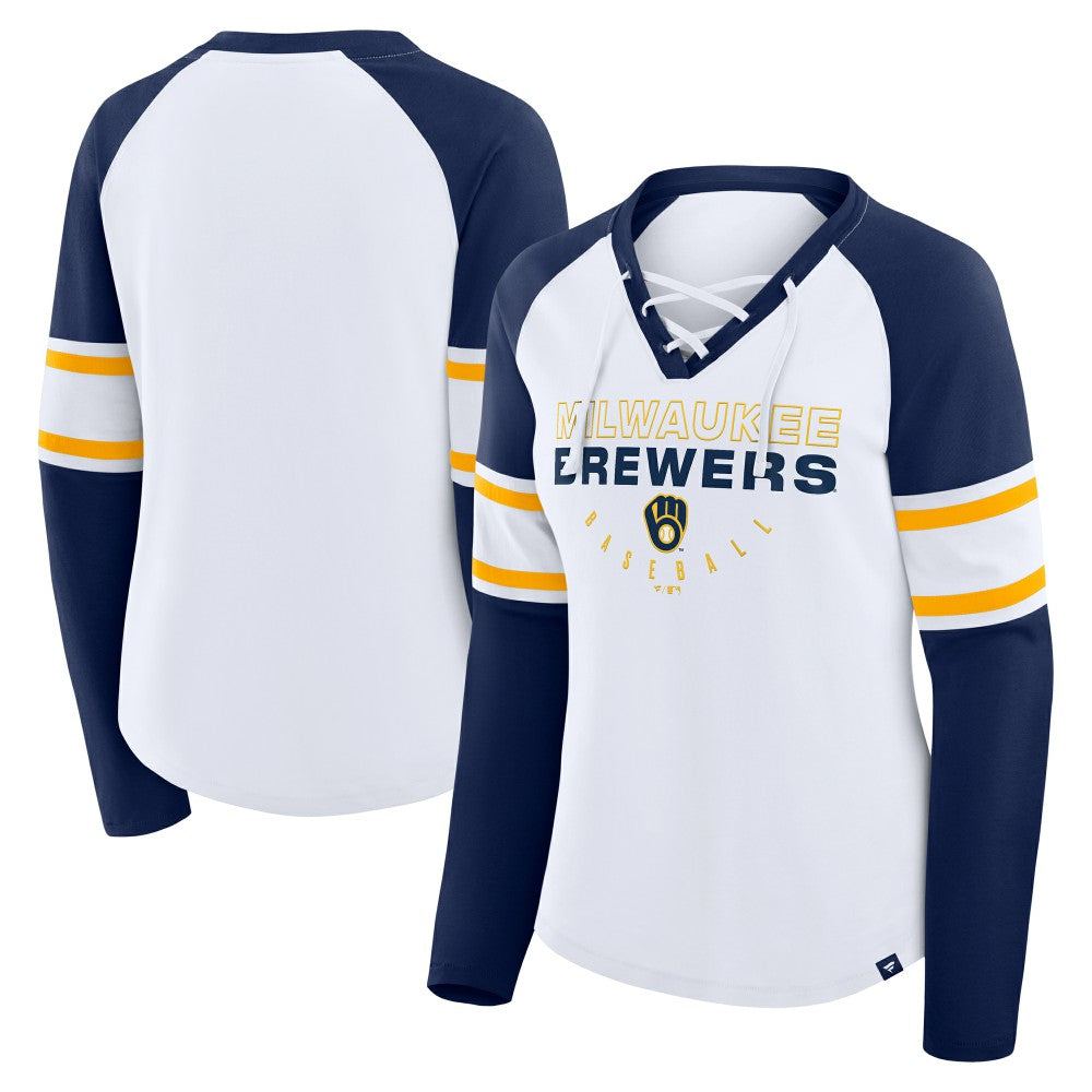 Milwaukee Brewers Women's Blitz Package Raglan Lace-Up V-Neck Long Sleeve T-Shirt - White/Navy