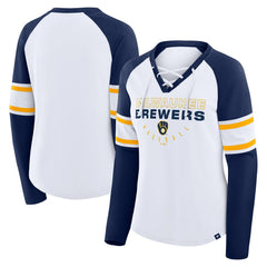 Milwaukee Brewers Women's Blitz Package Raglan Lace-Up V-Neck Long Sleeve T-Shirt - White/Navy