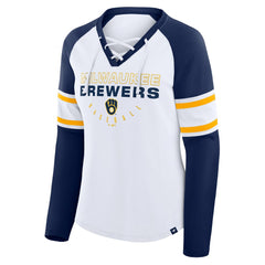 Milwaukee Brewers Women's Blitz Package Raglan Lace-Up V-Neck Long Sleeve T-Shirt - White/Navy