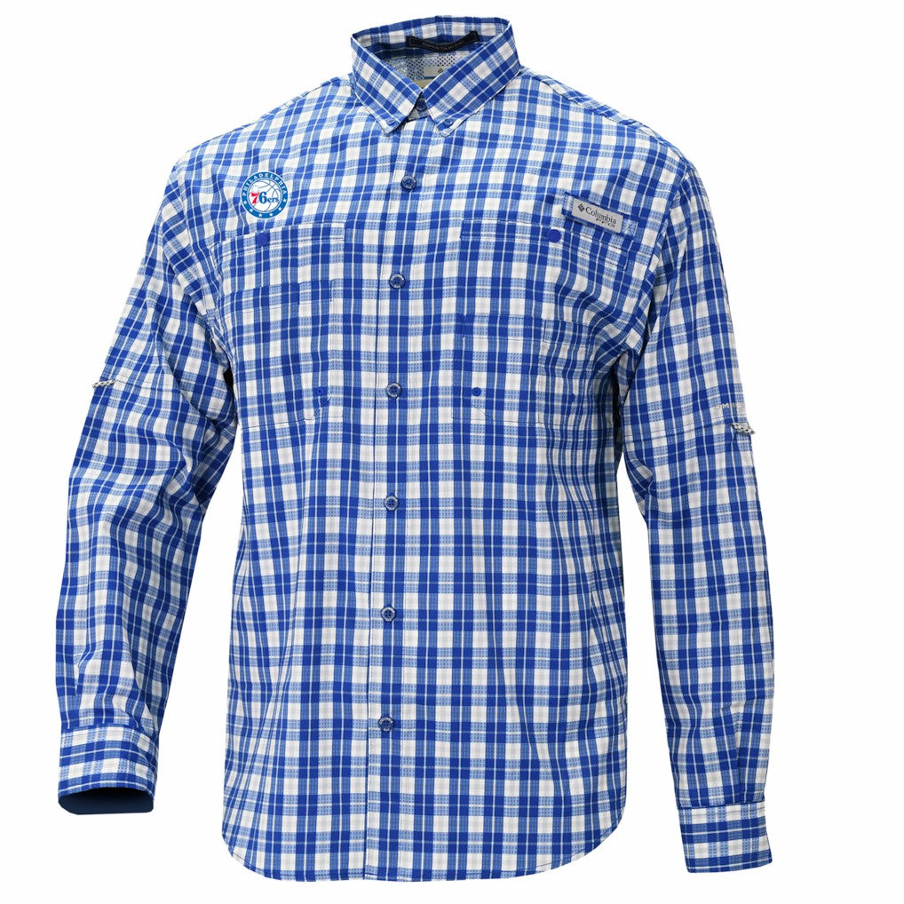 Philadelphia 76ers Super Tamiami Omni-Shade Long Sleeve Button-Down Shirt - Blue | Columbia for sale