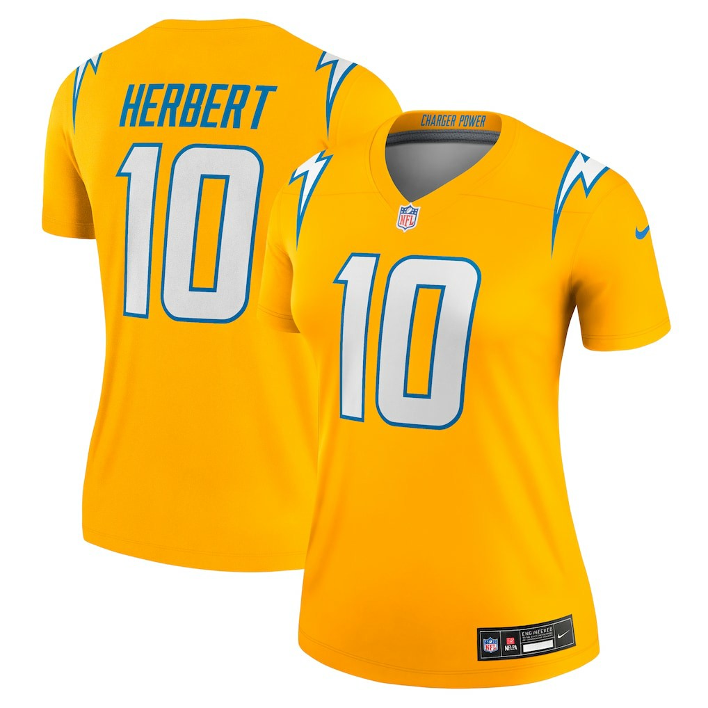 Justin Herbert Los Angeles Chargers Women's Alternate Charger Power Legend Player Performance Top - Gold | Nike for sale
