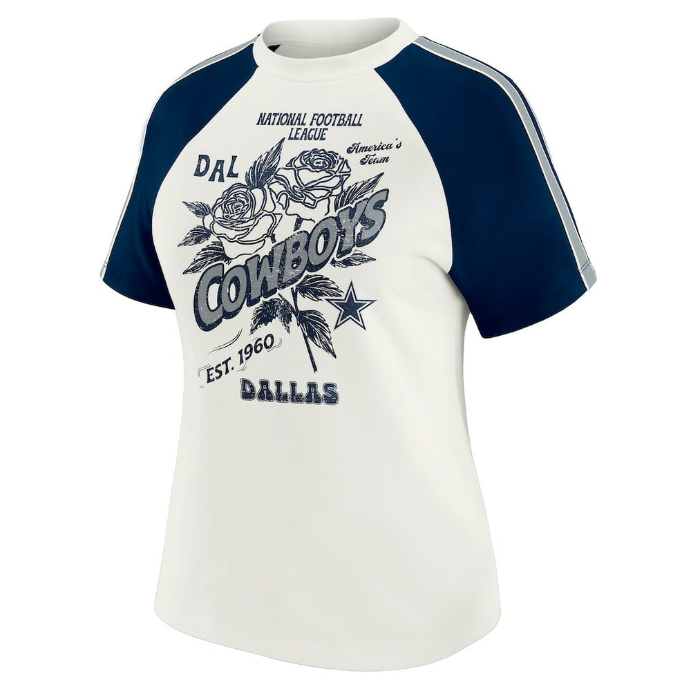 Dallas Cowboys WEAR by Erin Andrews Women's Sleeve Stripe Distressed Raglan T-Shirt - White for sale