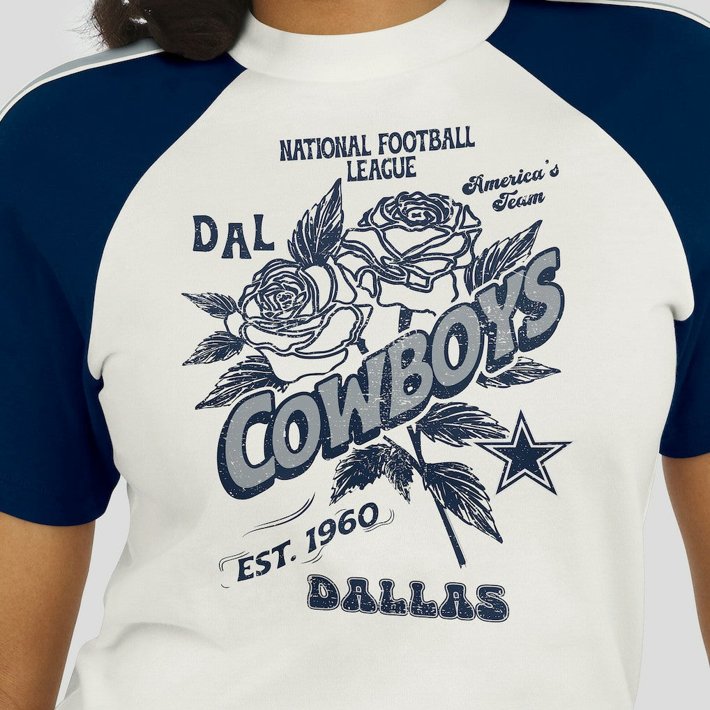 Dallas Cowboys WEAR by Erin Andrews Women's Sleeve Stripe Distressed Raglan T-Shirt - White for sale