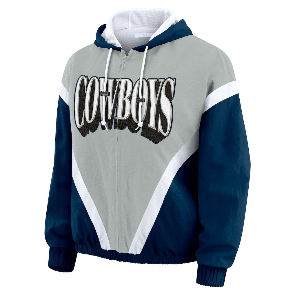 Dallas Cowboys WEAR by Erin Andrews Women's Plus Size Retro Crinkle Full-Zip Hoodie Windbreaker Jacket - Navy/Gray on sale