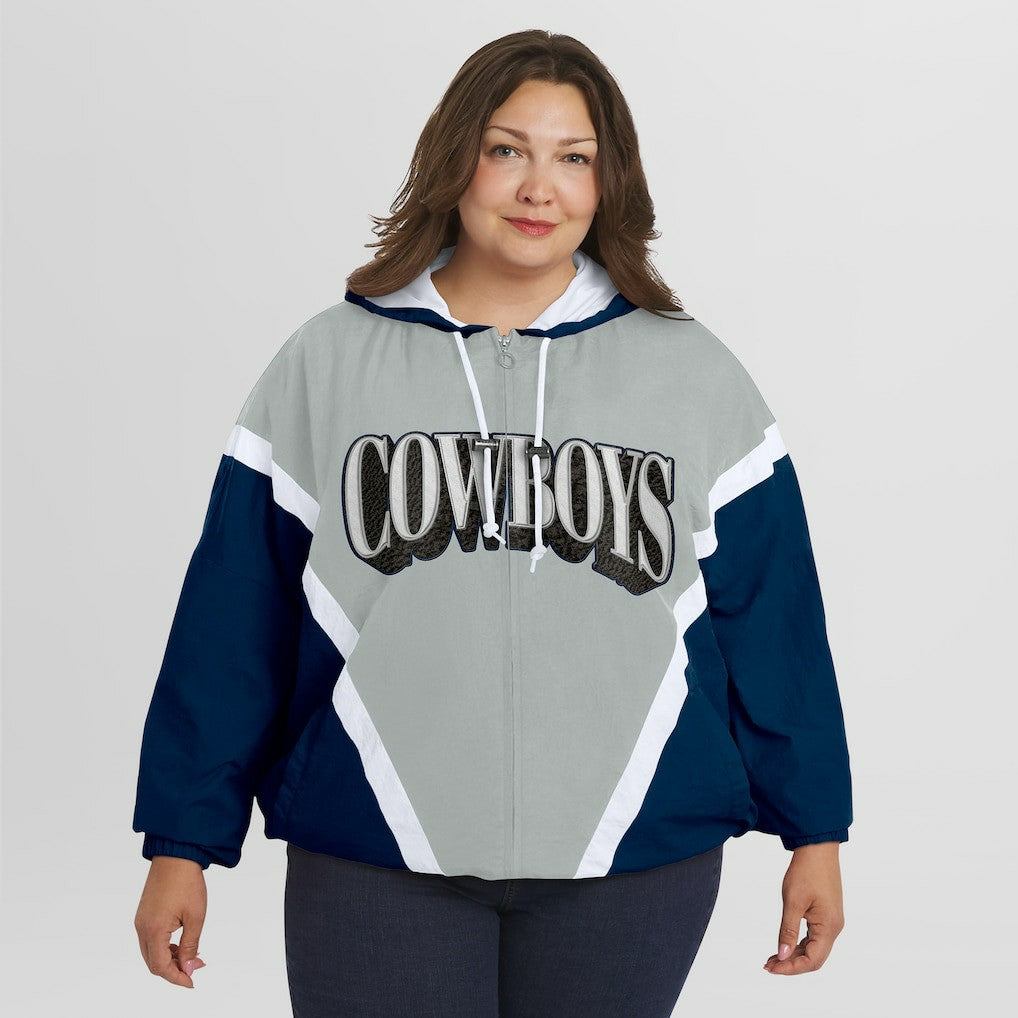Dallas Cowboys WEAR by Erin Andrews Women's Plus Size Retro Crinkle Full-Zip Hoodie Windbreaker Jacket - Navy/Gray on sale