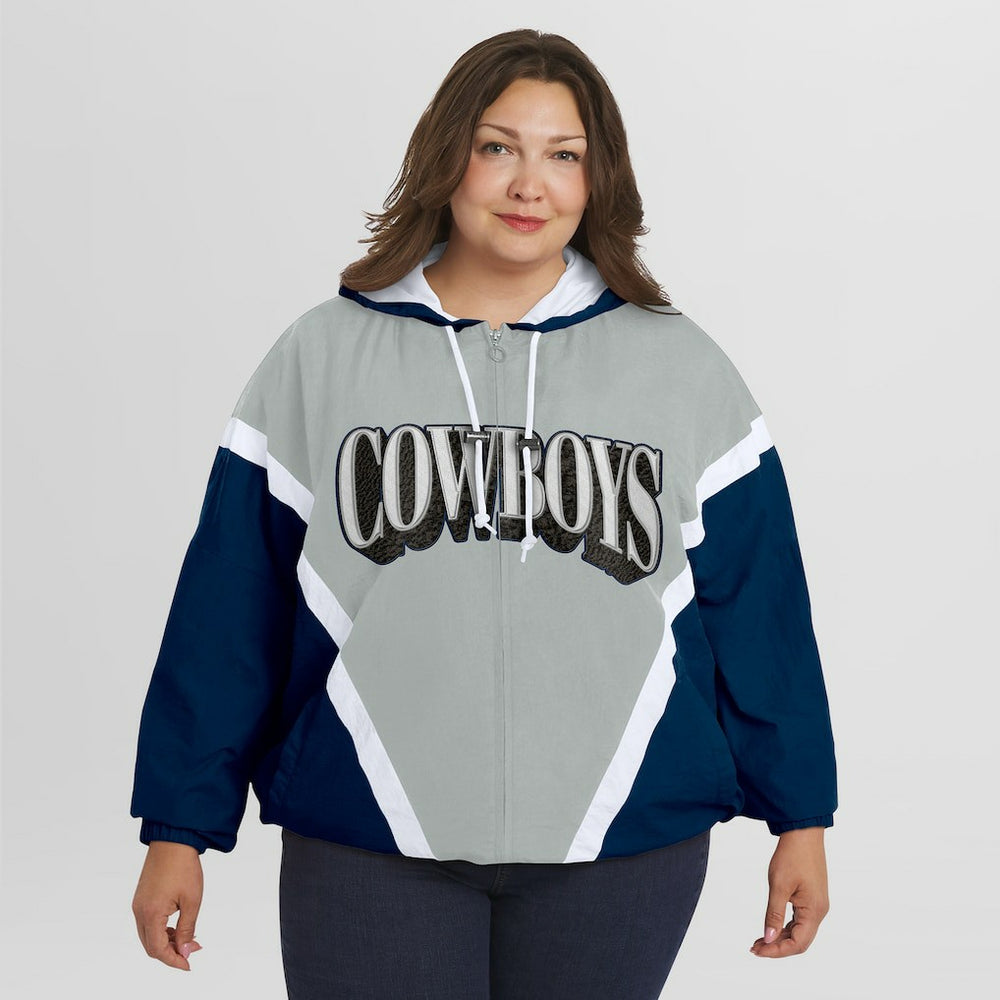 Dallas Cowboys WEAR by Erin Andrews Women's Plus Size Retro Crinkle Full-Zip Hoodie Windbreaker Jacket - Navy/Gray on sale