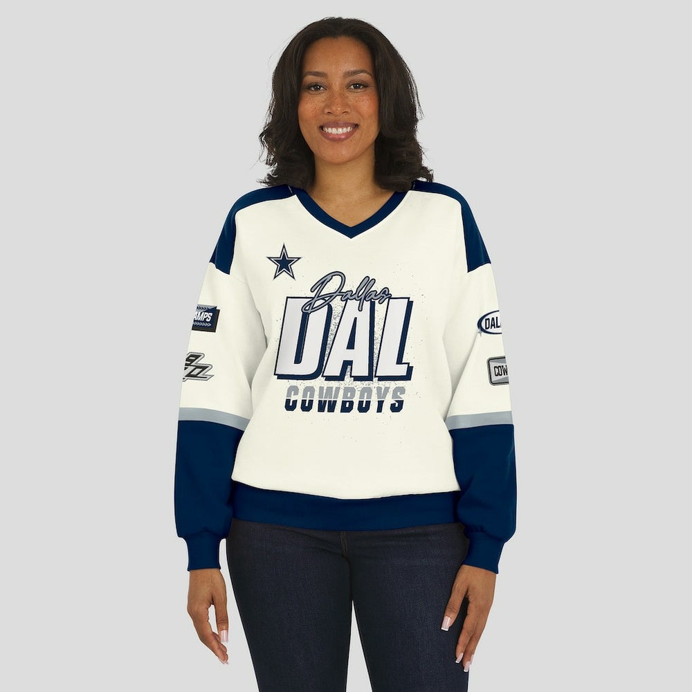 Dallas Cowboys WEAR by Erin Andrews Women's Racing Crew V-Neck Sweatshirt - Cream discount