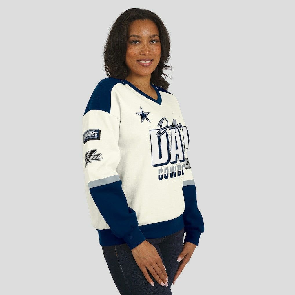 Dallas Cowboys WEAR by Erin Andrews Women's Racing Crew V-Neck Sweatshirt - Cream discount
