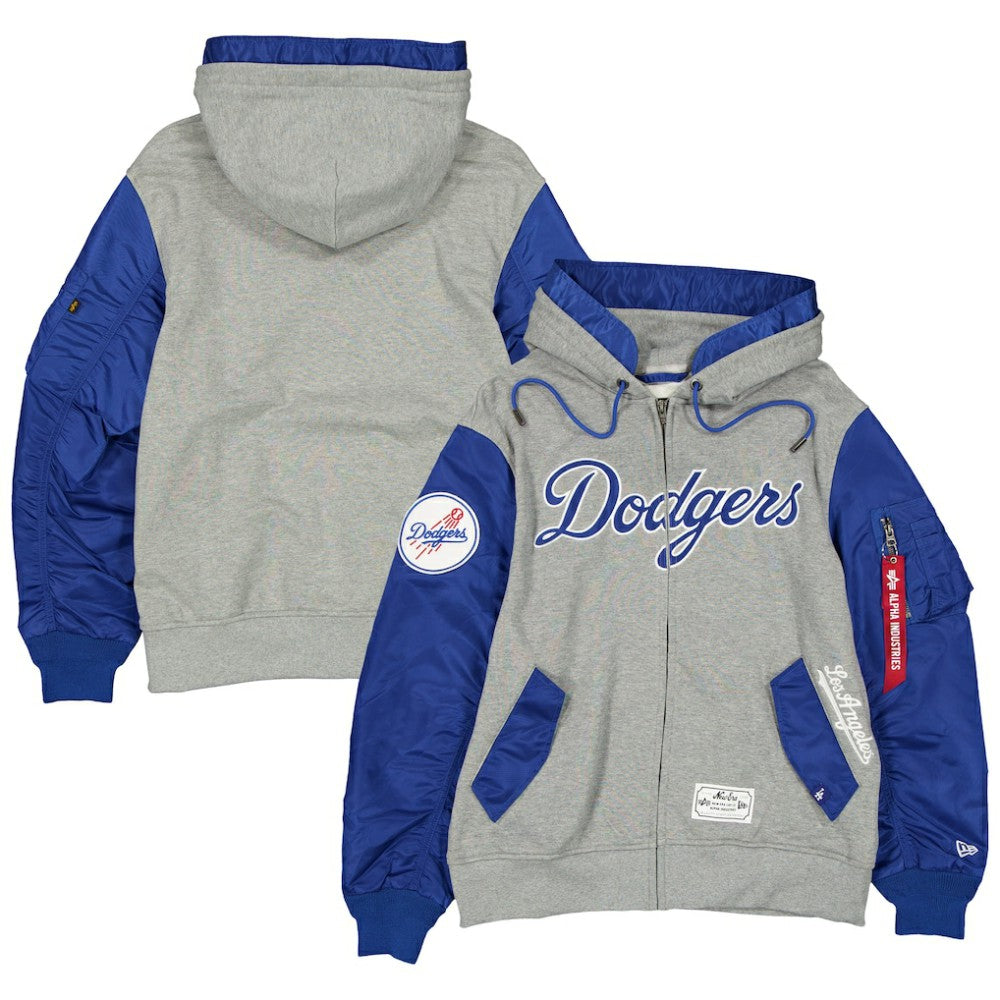 Los Angeles Dodgers x Alpha Industries Full-Zip Hoodie Jacket - Heather Gray/Royal | New Era