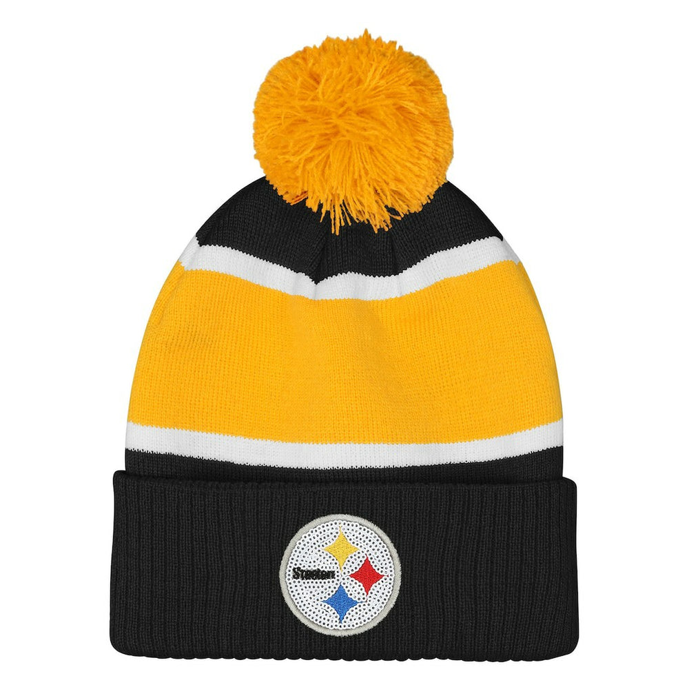 Pittsburgh Steelers Outerstuff Girls Let's Play Cuffed Knit Hat with Pom - Black cheap