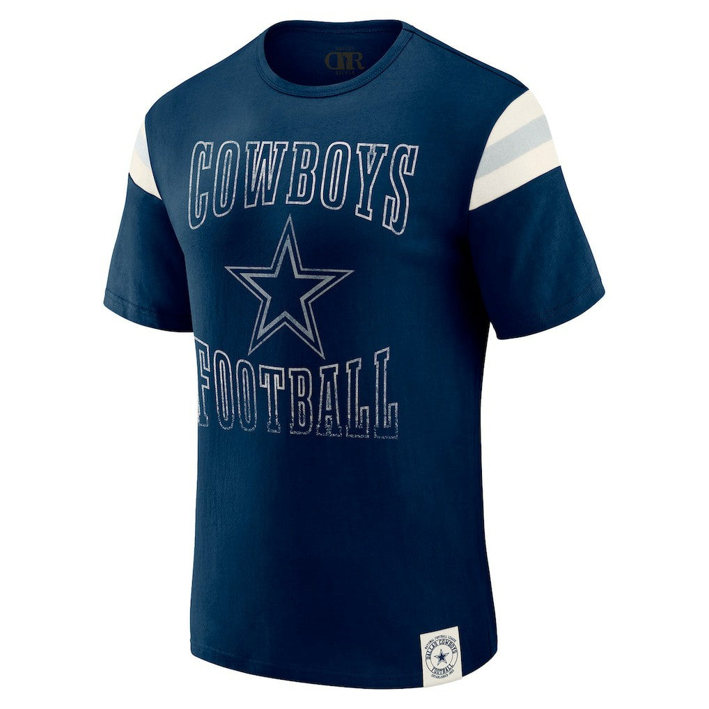 Dallas Cowboys Darius Rucker Collection Distressed Throwback Shoulder Stripe T-Shirt - Navy for sale