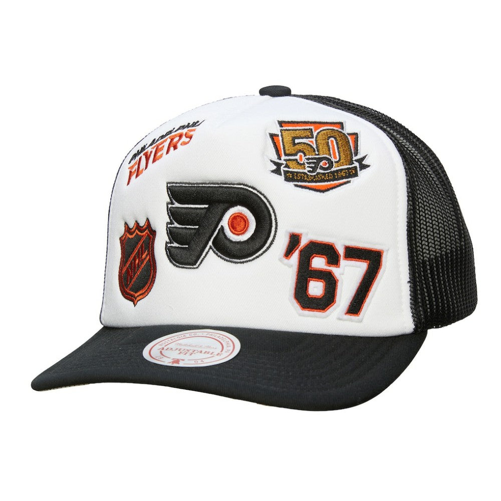 Philadelphia Flyers Mitchell & Ness Gridlock Trucker Adjustable Hat White/Black