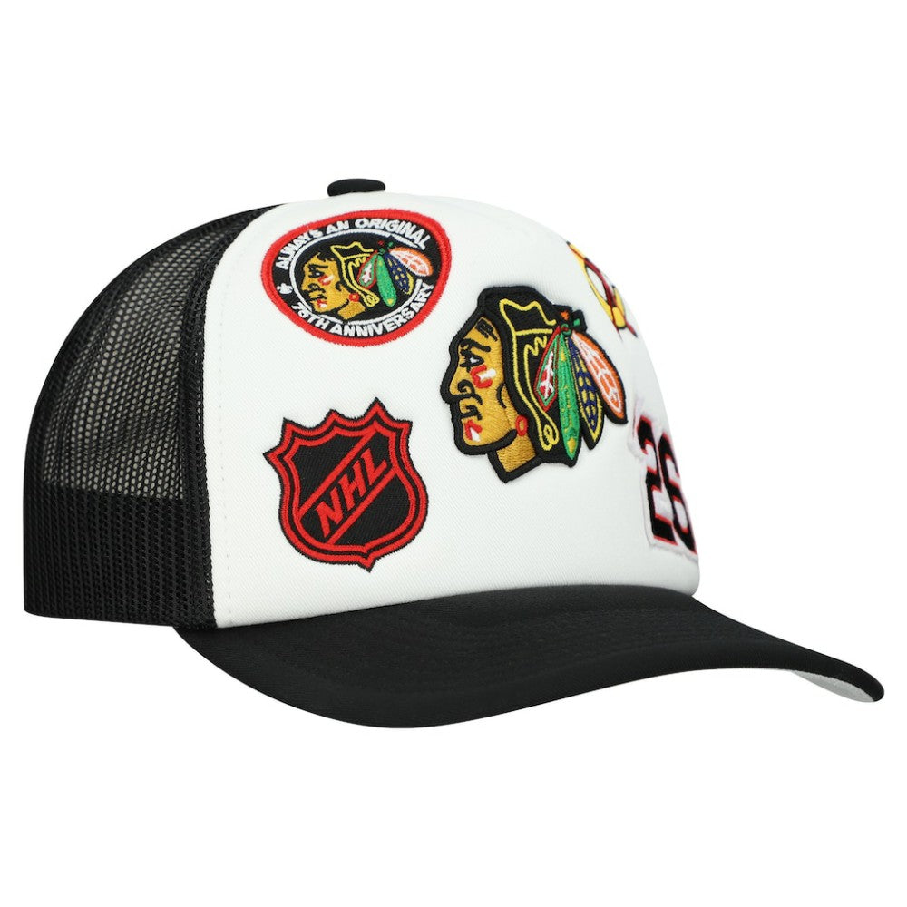 Chicago Blackhawks Mitchell & Ness Gridlock Trucker Adjustable Hat White/Black