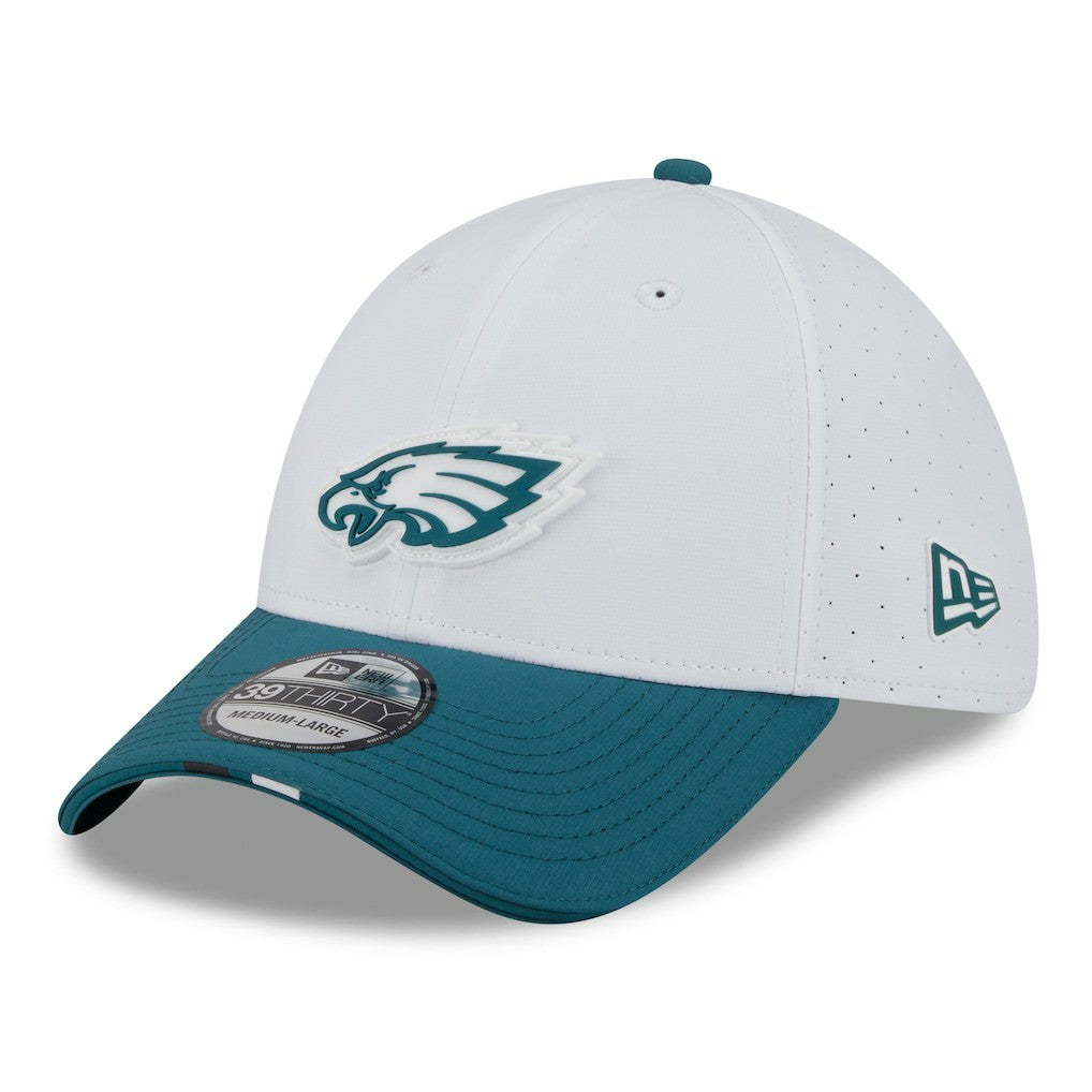 Philadelphia Eagles New Era 2025 NFL Training Camp 39THIRTY Flex Hat - White/Midnight Green online
