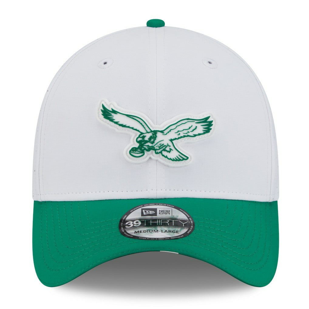 Philadelphia Eagles New Era 2025 NFL Training Camp Throwback Logo 39THIRTY Flex Hat - White/Kelly Green cheap