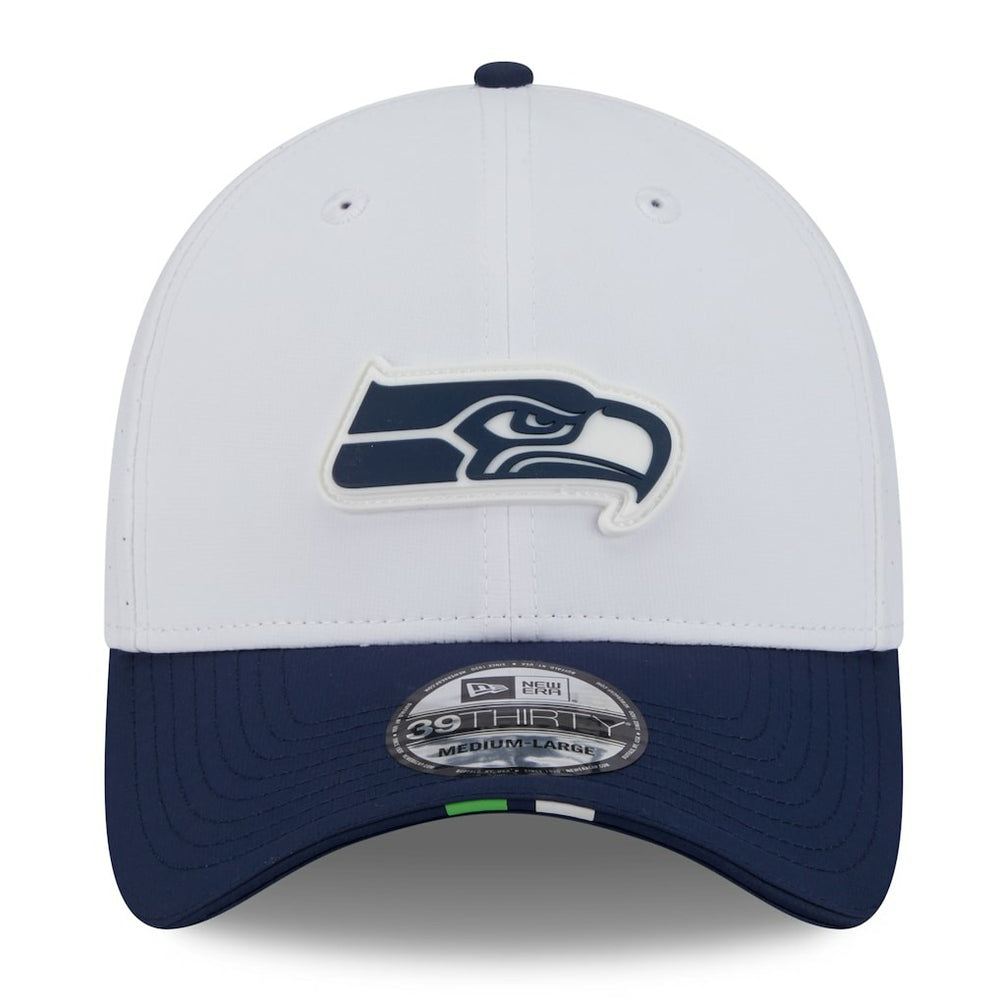 Seattle Seahawks New Era 2025 NFL Training Camp 39THIRTY Flex Hat - White/College Navy for sale