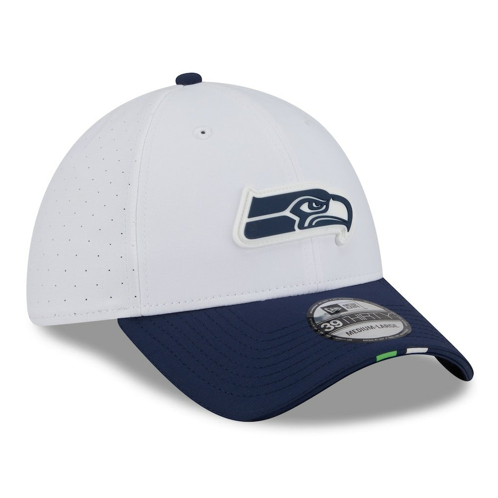 Seattle Seahawks New Era 2025 NFL Training Camp 39THIRTY Flex Hat - White/College Navy for sale